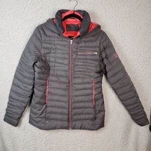 Spyder Down Puffer Jacket Womens M Gray Pink Hooded Zip Winter Ski Luxe 38x26